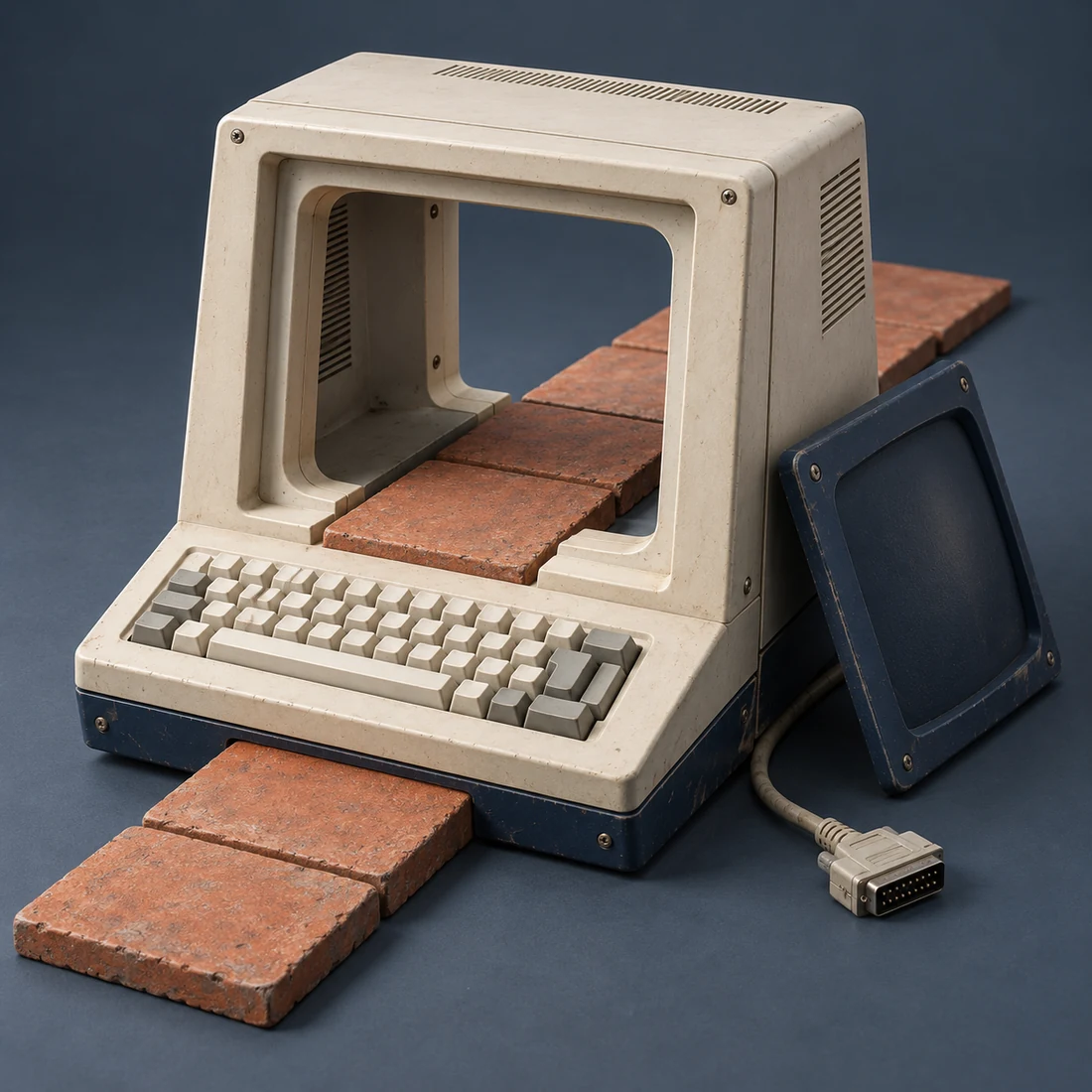 An ivory computer terminal opened into a terracotta path.